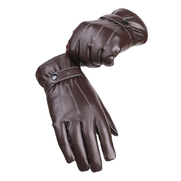 New Autumn and Winter Men's Warm Gloves for Three Stringed Wash Leather PU Plus Velvet Outdoor Riding Touch Screen Leather Gloves