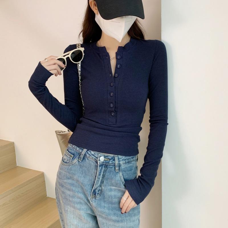 Half-open Neck Navy Blue Bottoming Shirt Women's Autumn Tight and Thin Spice Girl Button-up Long-sleeved Shirt Top