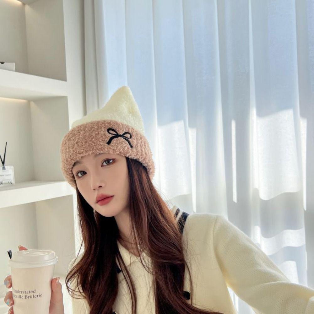 Bow Knitted Beanie Hat Keep Warm Winter Knitted Hat Fashion Cat Ears Hat  Streetwear