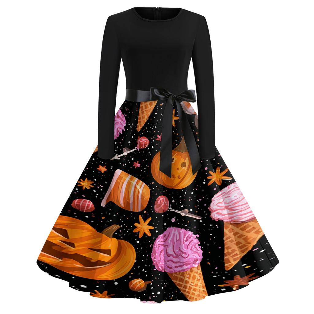 Women's Casual Vintage Halloween Print Dress Long Sleeve Round Neck Retro Swing Skater Dress with Waist Tie for Fall and Winter