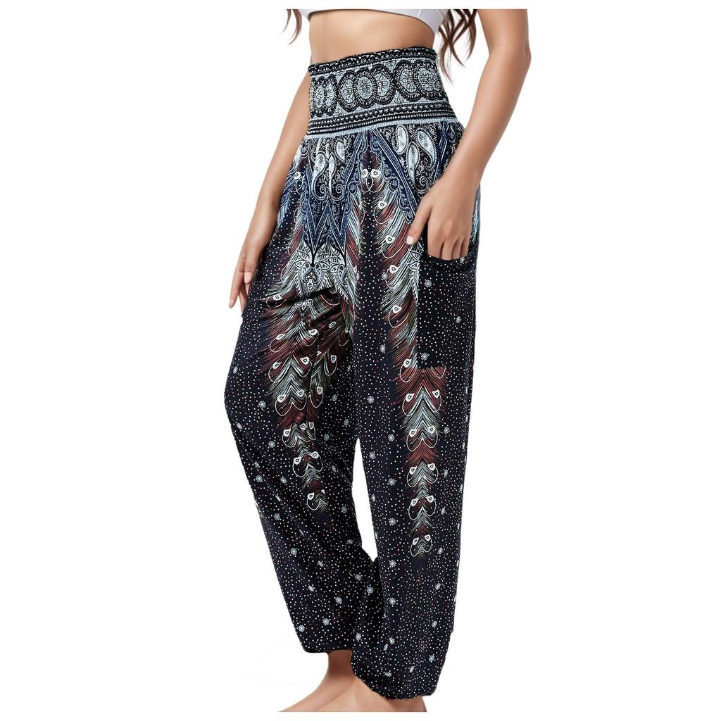 Women's Casual Flare Pants with Striped Digital Print – Trendy Boho Style