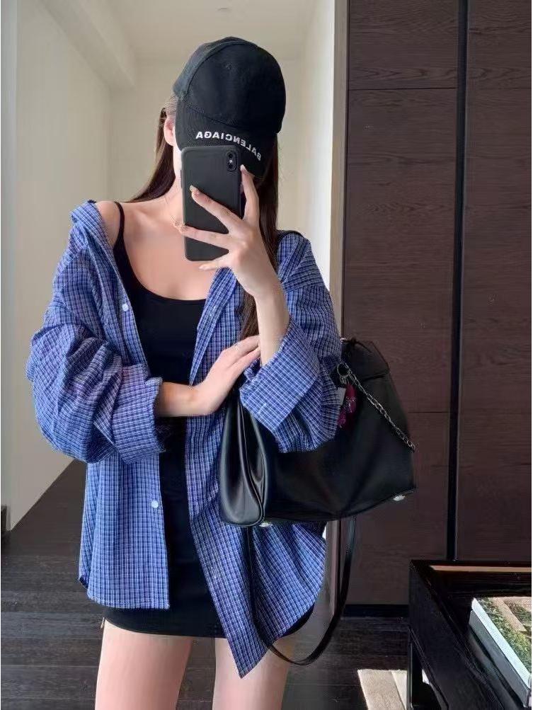 

Женская синяя клетчатая куртка-рубашка - Весенне-летняя куртка свободного кроя в университетском стиле для многослойности XXL синий