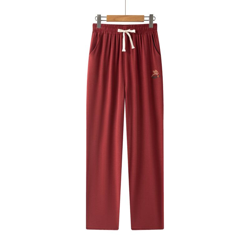 2025 New High-waisted Drawstring Women's Pants, Embroidered Ice Silk Casual Pants, Loose Straight-leg Pants