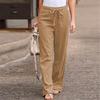 Fashion Women Solid Cotton Linen Sashes Straight Casual Long Pants Trousers