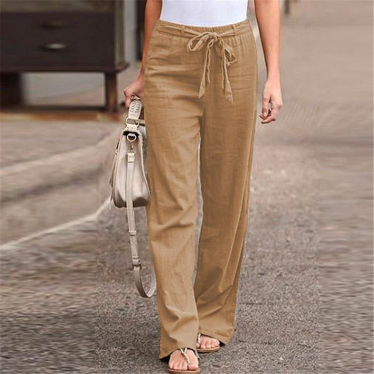 Fashion Women Solid Cotton Linen Sashes Straight Casual Long Pants Trousers