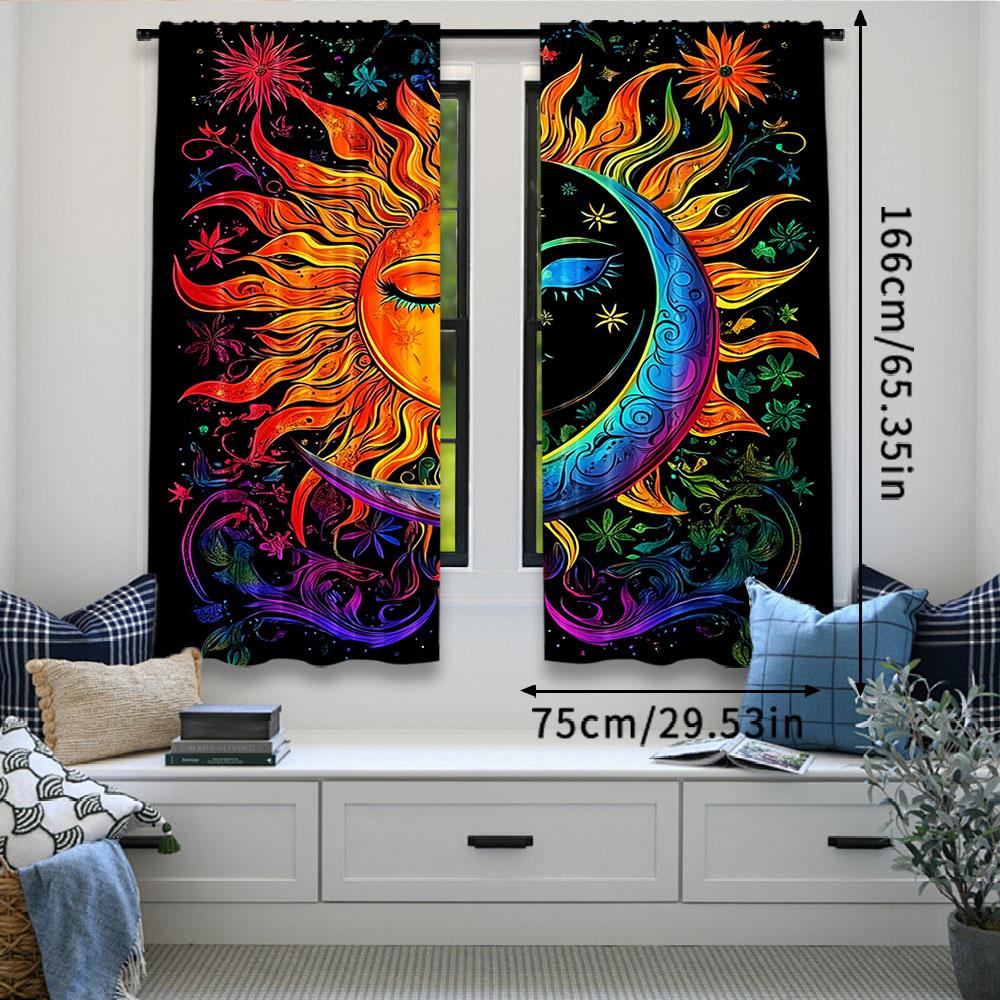 2Pcs Whimsical Abstract Sun Moon Pattern Curtains Fantasy Style Suitable For Living Room Dining Room Kitchen Bedroom Bathroom