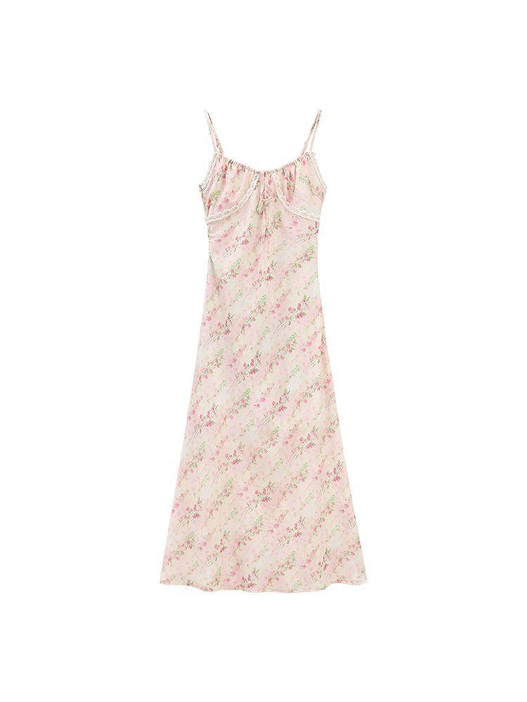 Coffee break French floral suspender dress women s spring and summer new lace splicing sweet temperament long skirt S