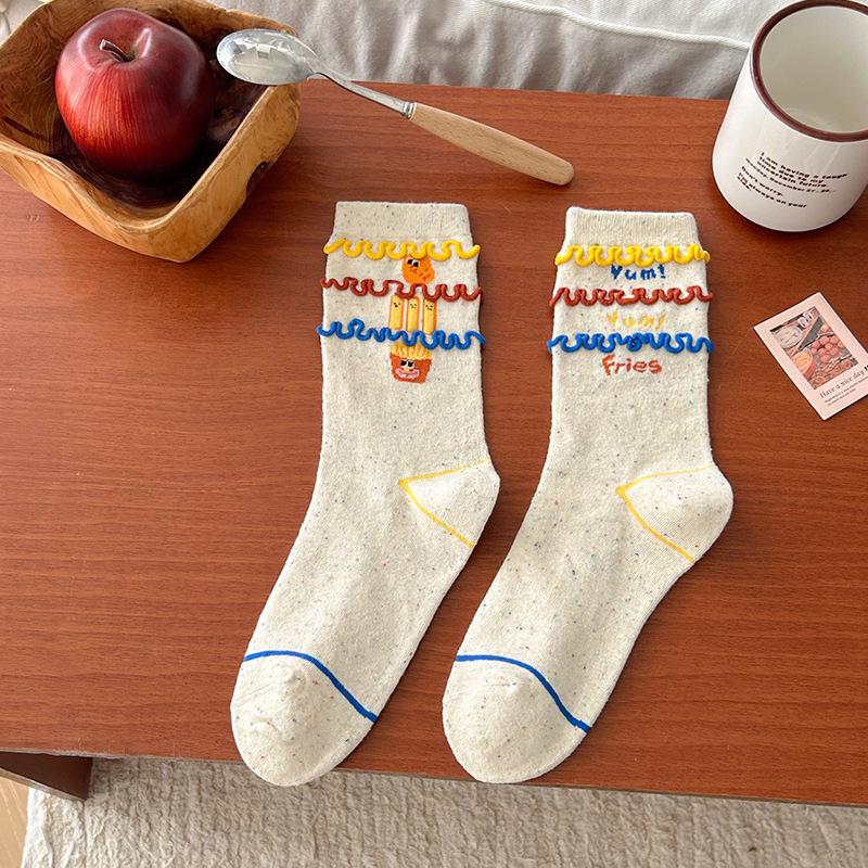 Funny French Fries Women's Mid-Calf Cotton Socks - Comfortable, Breathable, Creative Cartoon Design for Autumn/Winter