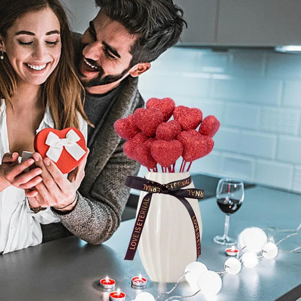 10pcs Red Pink Heart Cake Toppers Love Vase Picks Decor Wedding Flower Bouquet