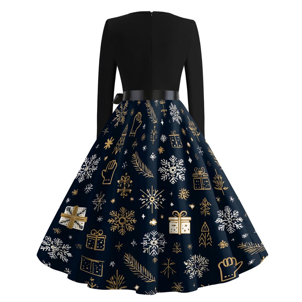 Women's Casual Fashion V Neck Christmas Printed Vintage Dress