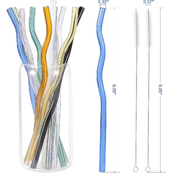 10 Pcs Reble Wavy Colorful Glass Straws,9''x8 Mm Shatter Resistant Cute Drinking Straws with 2 Cleaner Brush for Beverages,Coffee,Juice,Cocktail,Teas