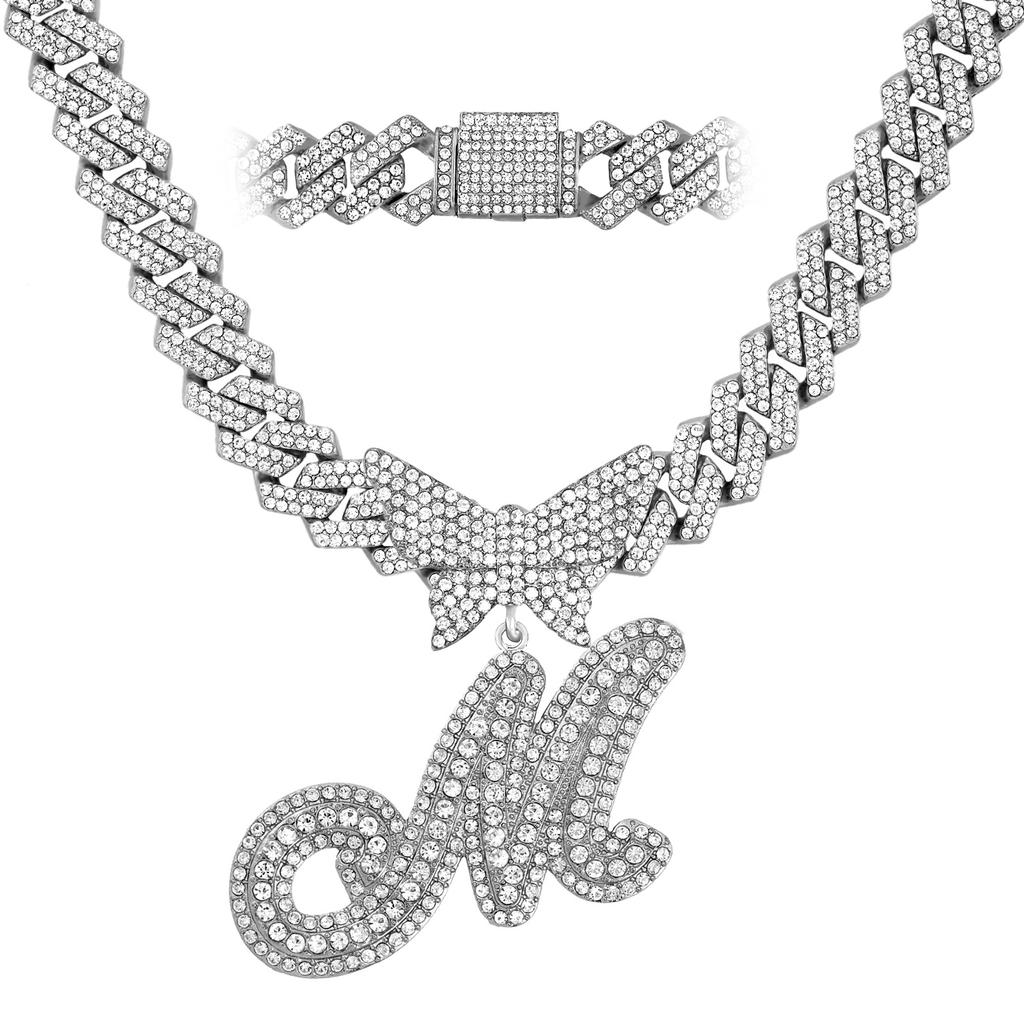 Men Women 14MM Cuban Chain Crystal Butterfly Initials Name Pendant Necklace Iced Out Cursive Letters Rapper Necklace Jewelry New