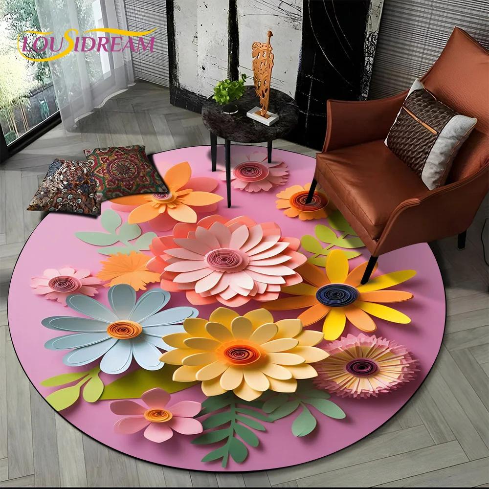 Dream Flower Art Daisy Rose Sunflower Cartoon Round Carpet Rug for Living Room Bedroom Kid Decor,Pet Area Rug Non-slip Floor Mat