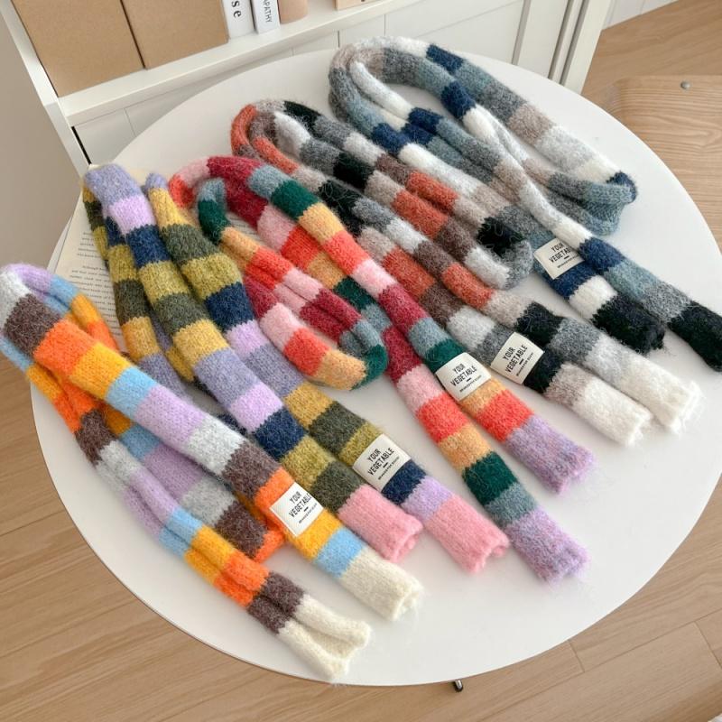 7*180cm Y2K Styles Rainbow Color Winter Warm Knitted Small Scarf Women Scarves Shawls Lady Soft Wraps Neckerchief Hair Band