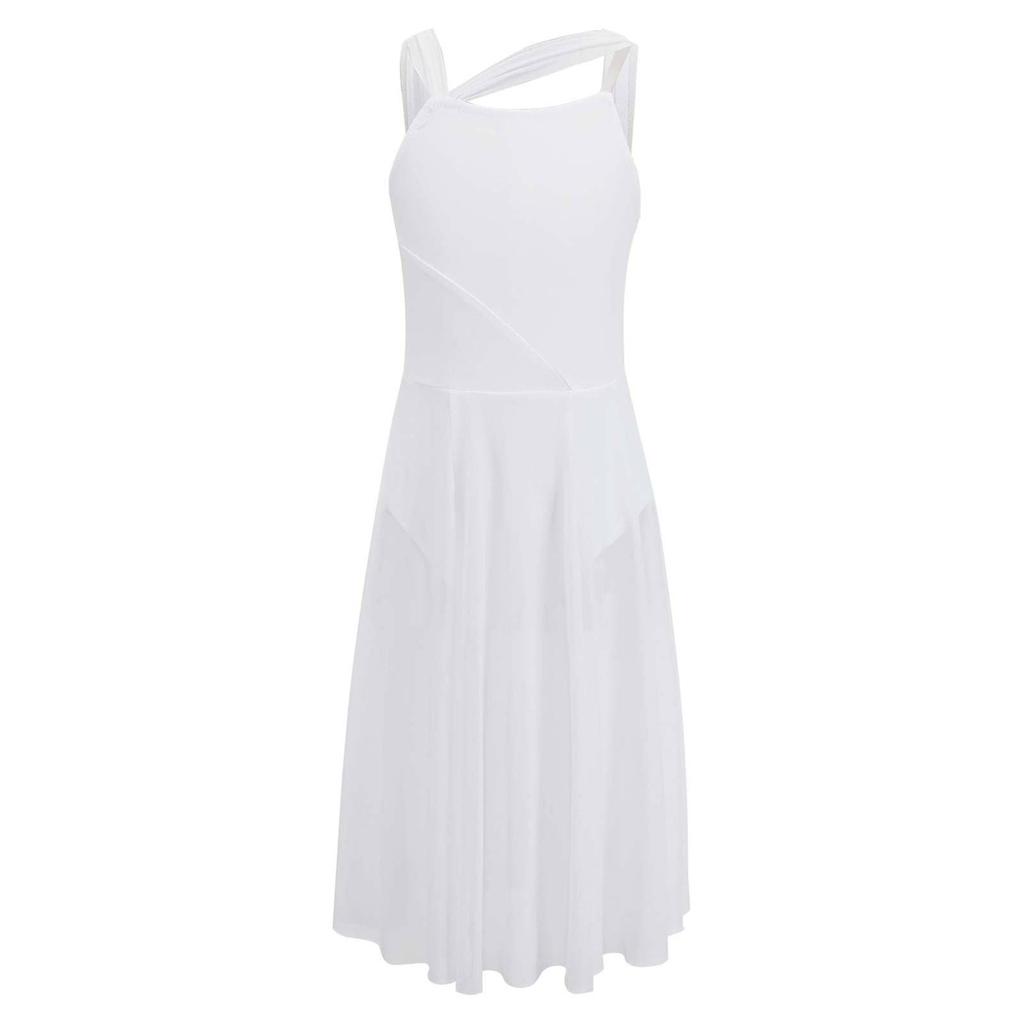 Girls Sleeveless Mesh Straps Color Contrast Leotard Dress for Lyrical Contemporary Dance Performance