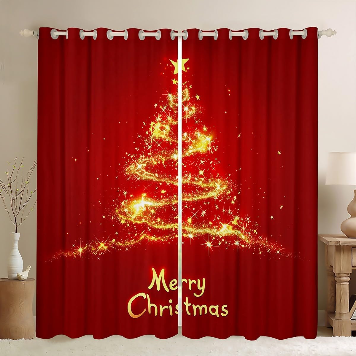 

Christmas Curtains Santa Claus Print Bedroom Living Room Sequins Galaxy Windows Drapes Xmas Festival New Year Gift Polyester Sitting Window Treatment W100*H130(CM)-Hooks&2PCS