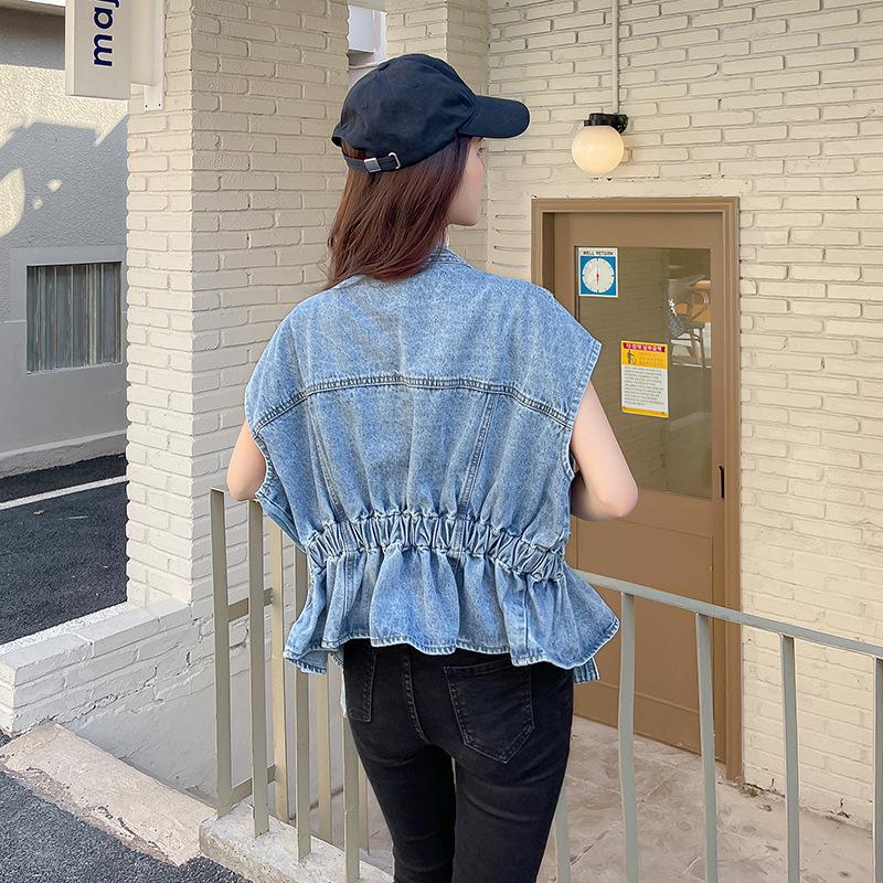 Sommer Damen Unregelmäßiges Perlen-Taillenbetontes Ärmelloses Jeans-Westen-Top