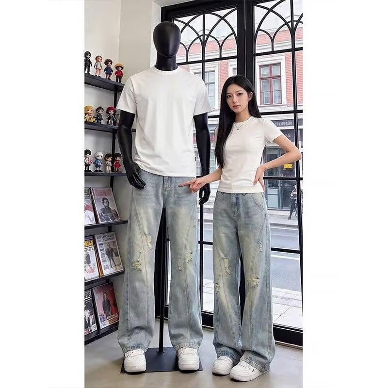 American casual ruffian handsome washed splicing old ripped jeans men's straight loose trendy high street wide-leg pants