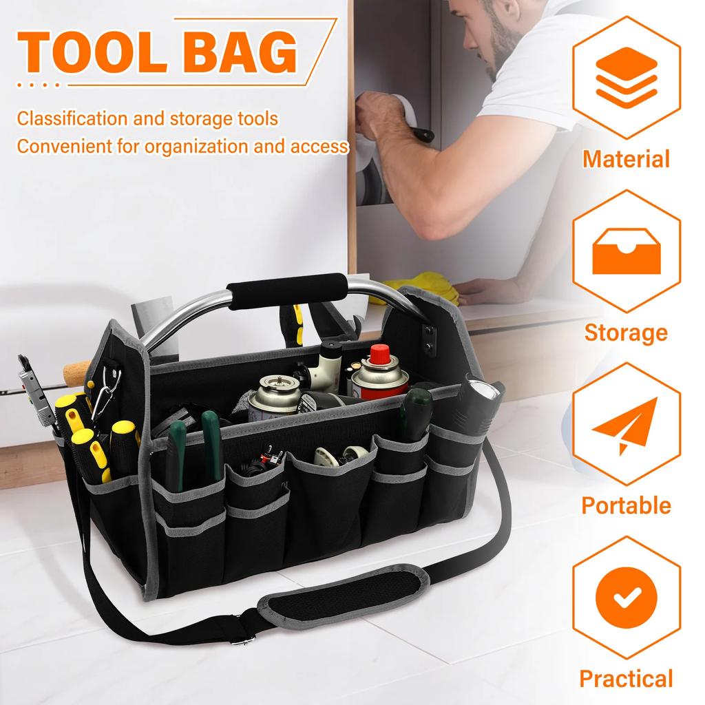 Electrician Open Tote Bag Oxford Waterproof Tool Tote Bag with Handle and Adjustable Shoulder Strap Portable Plumbers Tool Bag
