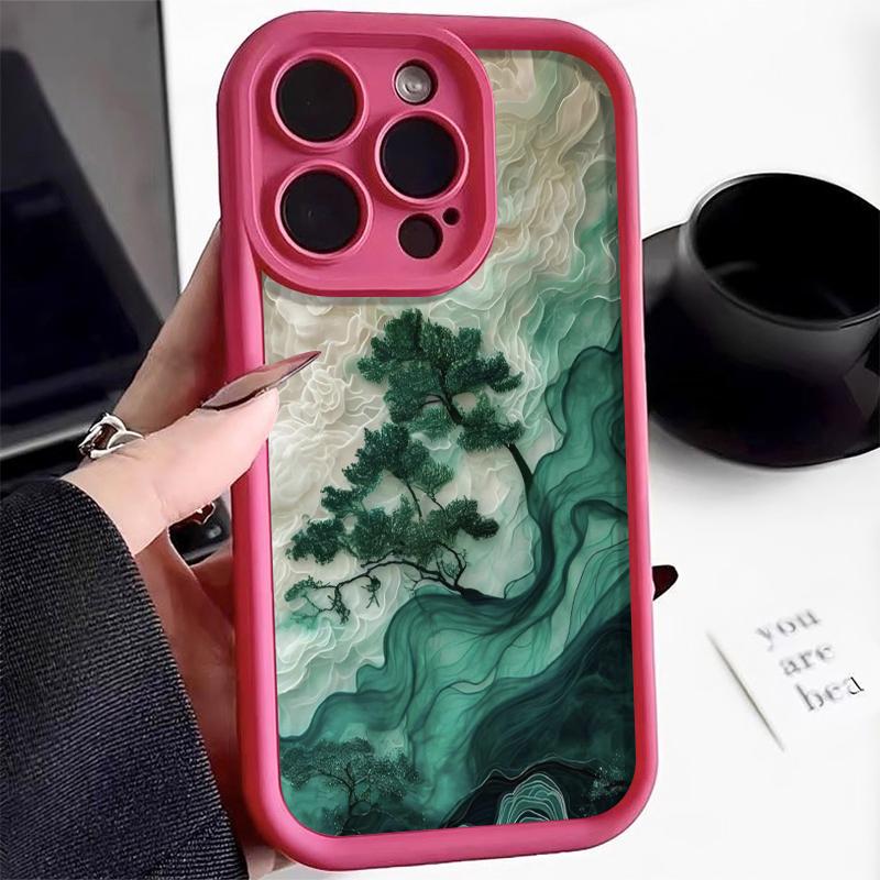 Chinese Style Cloud Mist Green Pine Phone Case For iPhone 16 Pro Max 15 14 13 12 11 XS MAX X XR 7 8 Plus MINI 16E Colorful Cover