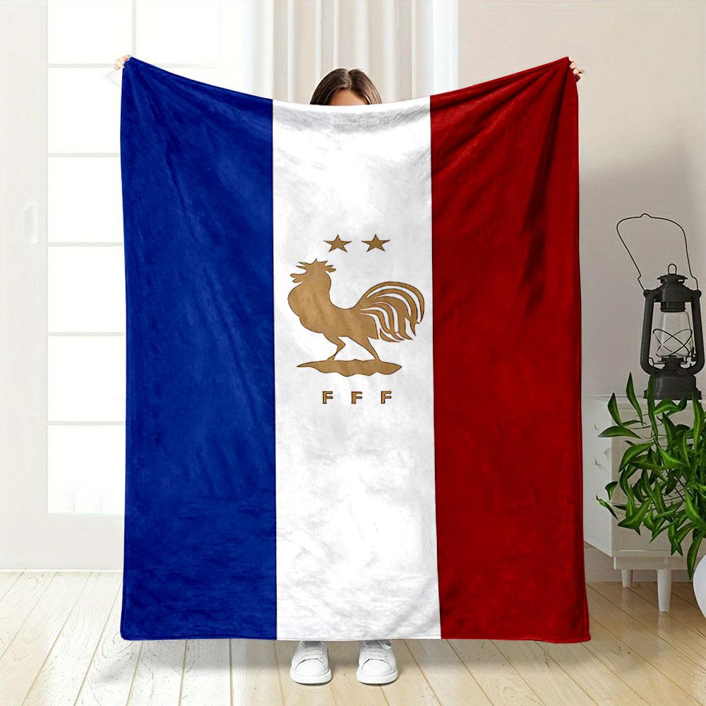 French Flag with Golden Rooster Design Patterned blanket, flannel, suitable for all seasons, home decor, warm and cozy