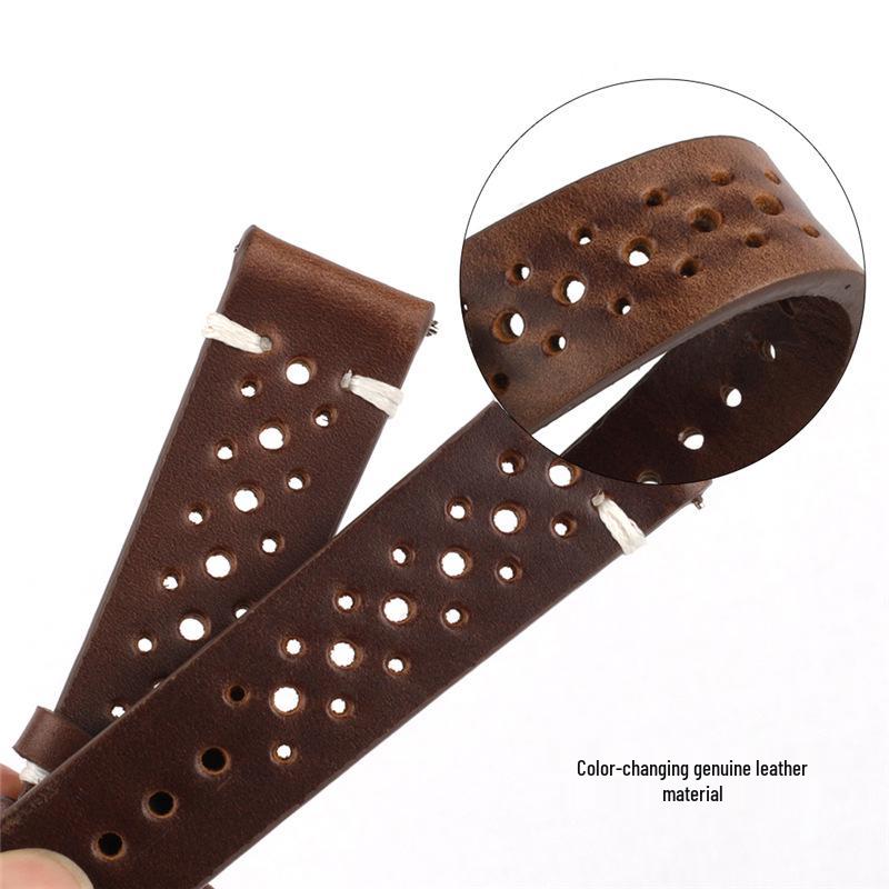 Available Porous Genuine Leather Watch Strap, Quick Release, Brown Cracked Pattern, Sizes: 18mm, 20mm, 22mm, 24mm.
