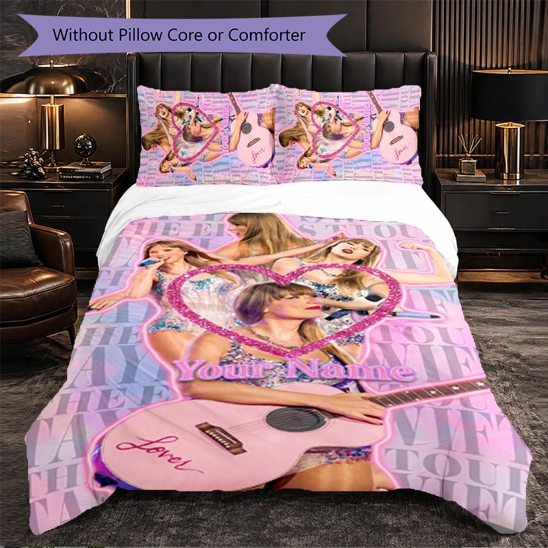 Taylor Swift Customized Name Text Bedding Set, 1 Duvet Cover & 2 Pillowcases Personalized Bedroom Gift