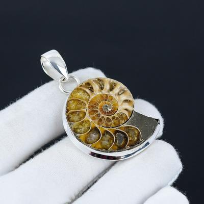 Ammonit Edelstein Anhänger, Natürlicher Ammonit Edelstein Handgemacht 925 Sterling Silber Ammonit Anhänger für Frauen Anhänger für Geschenke