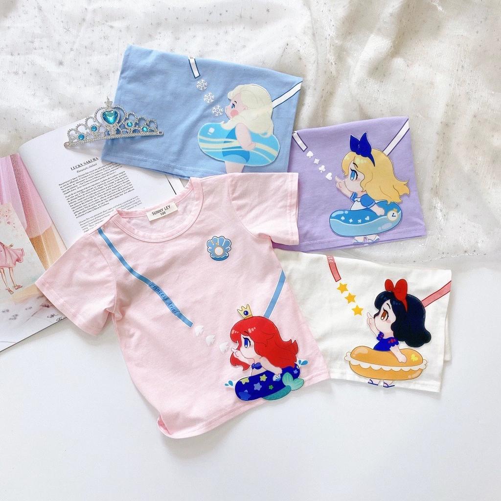 Girls Color Princess T-shirt Summer Children Cute Cartoon Print Casual Loose Breathable Short-sleeved Round Neck T-shirt