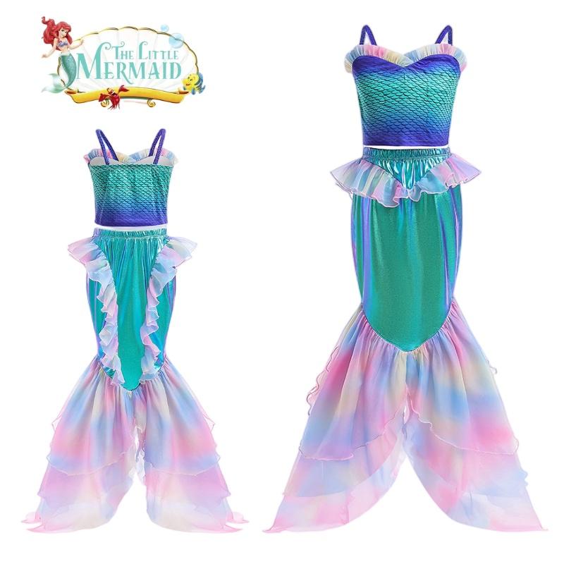 Girls Mermaid Cosplay Swimwear Set With Lace Splice And Halter Neck Skirt