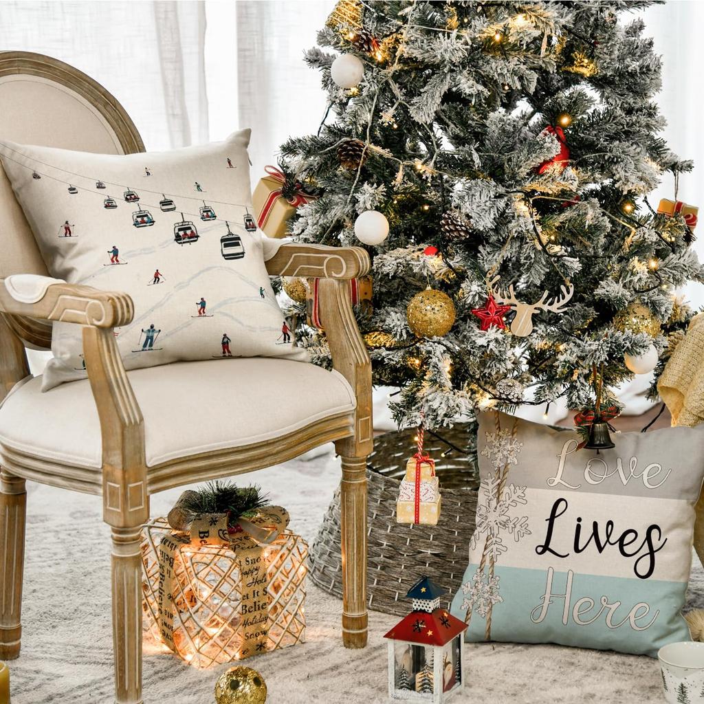 AVOIN colorlife Winter Skiers Cable Cars Snow Throw Pillow Covers, 16 x 16 Inch Warm Winter es Love Lives Here Seasonal Holiday Cushion Case
