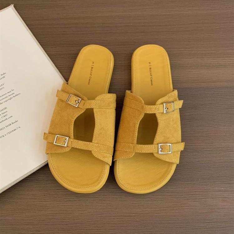 

One Foot Slippers Women s New Summer Wear Flat Slippers Double Buckle Beach Slippers Women 35