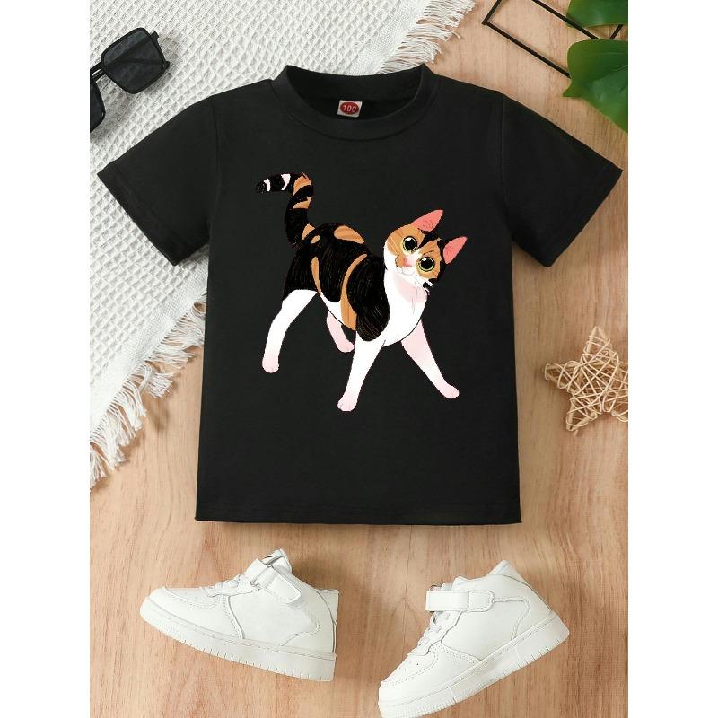 

European sizes Charming Calico Cat Design on a Short-Sleeve Crew Neck T-Shirt for Girls, Offered in Black And White 98cm чёрный