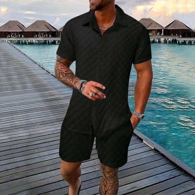 Mens Casual Checkered Short Sleeve Shirt And Shorts Two Piece Set