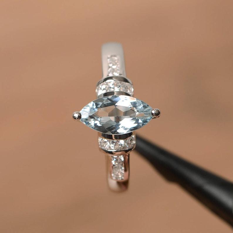 Damring med blå akvamarin ädelsten markis slipning 925 sterling silver mars månadssten löfte bröllopsdag bärring