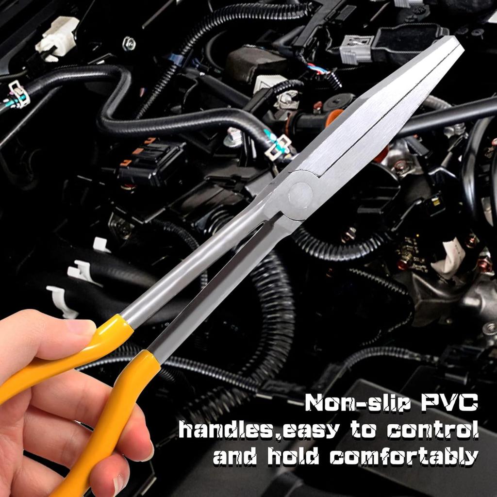 Long Nose Plier 11” Reach, Straight, Angle, Curved Pliers, 45 & 90 & 25 Degree, Bent Head Needle Nose Pliers for Mechanics