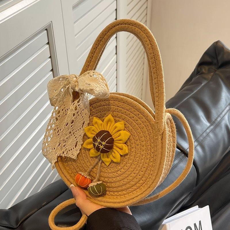 

Fashionable Cotton Round Bag For Everyday Use Trendy Small Woven Purse With Scarf Khaki Sunflower Scarf