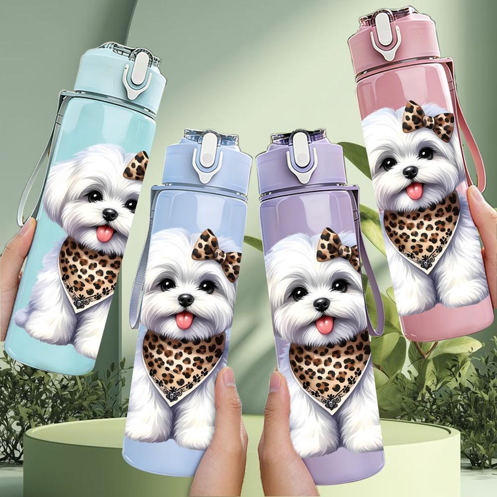 1PC White Poodle Dog Bandana Art 750ml Color Plastic Sports Water Bottle Leakproof Flip Straw Lid Suitable for Sports Office Home Use