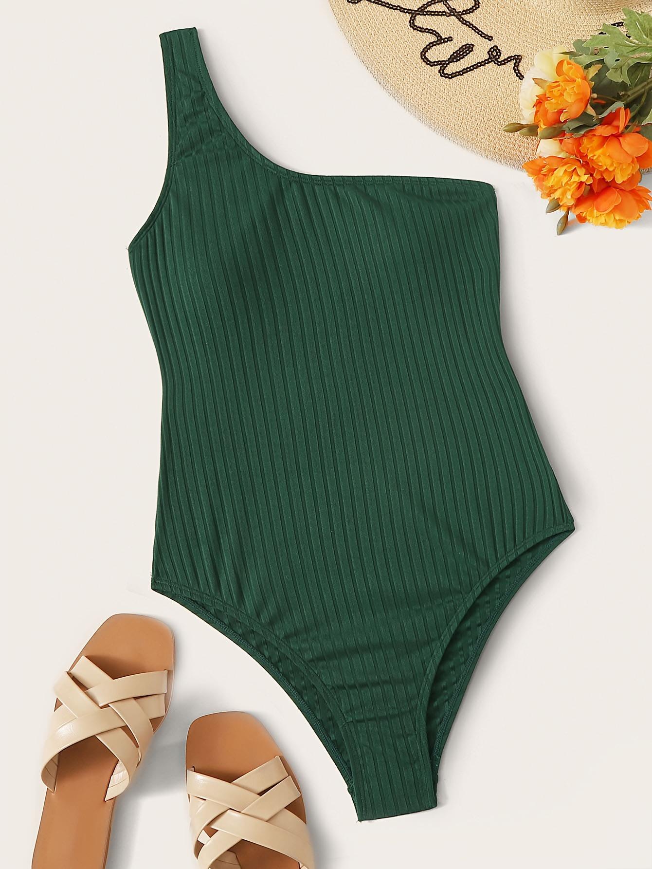 

Трендовый женский купальник на одно плечо, утягивающий талию, облегающего кроя, стильный европейский и американский дизайн Medium темно-зеленого