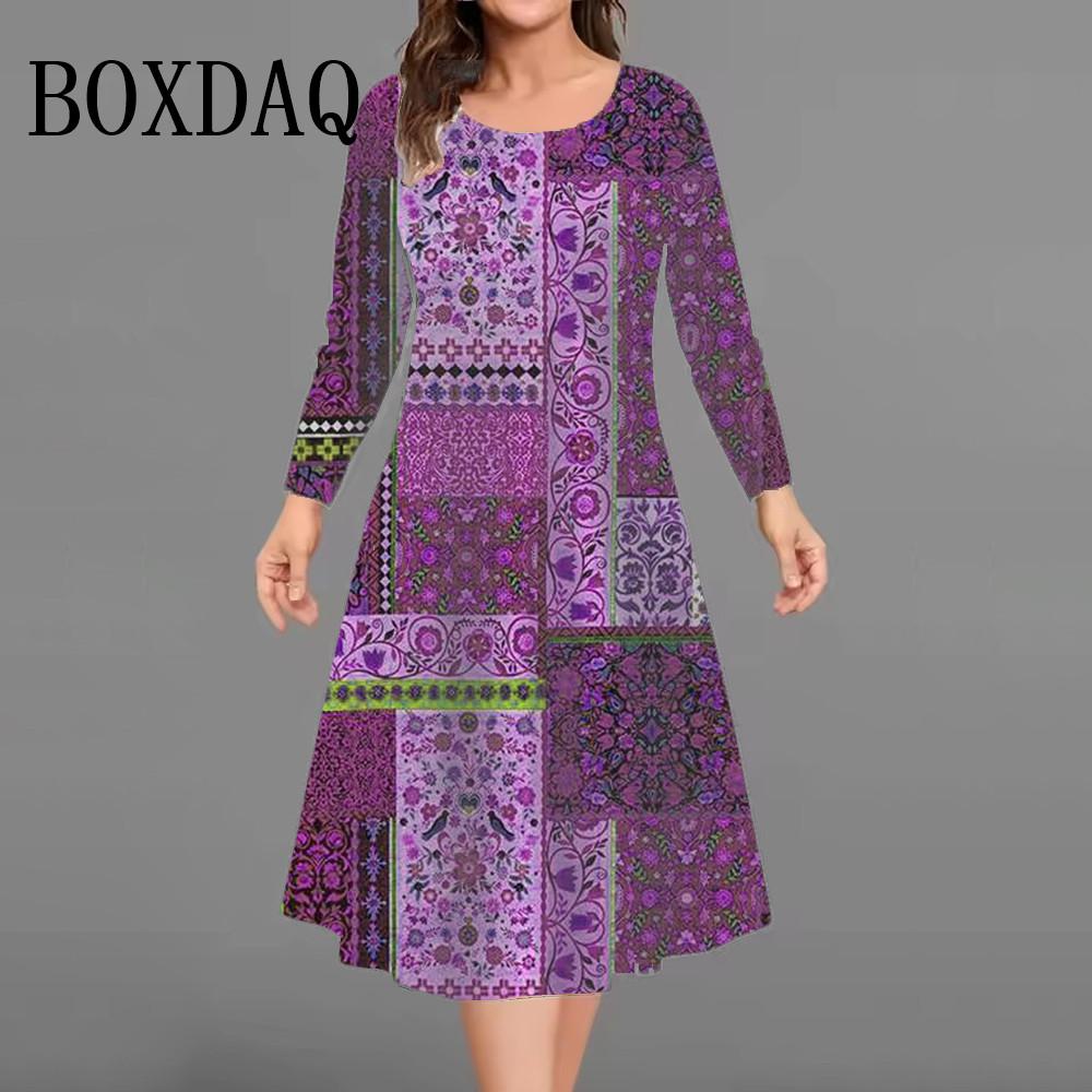 Vintage Flowers Pattern Dresses For Women Autumn Fashion Plus Size 3D Print Long Sleeve Dress Casual Female Loose Clothing