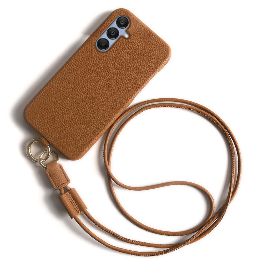 

For Samsung Galaxy A25 5G (Global) (161.0 x 76.5 x 8.3mm) Case with Lanyard Genuine Cow Leather PC Phone Back Cover Brown