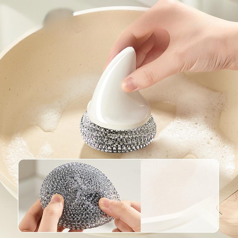 Kitchen, Non Damaging Pot, with Handle, Steel Wire Ball Cleaning Brush, Dishwashing and Pot Washing Brush, Non Greasy, Long Handled Brush
