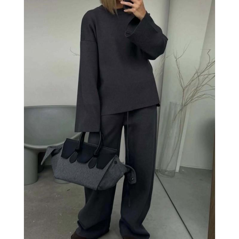 Womens Solid Color Crew Neck Knit Sweater Wide Leg Pants Set Casual Outfit