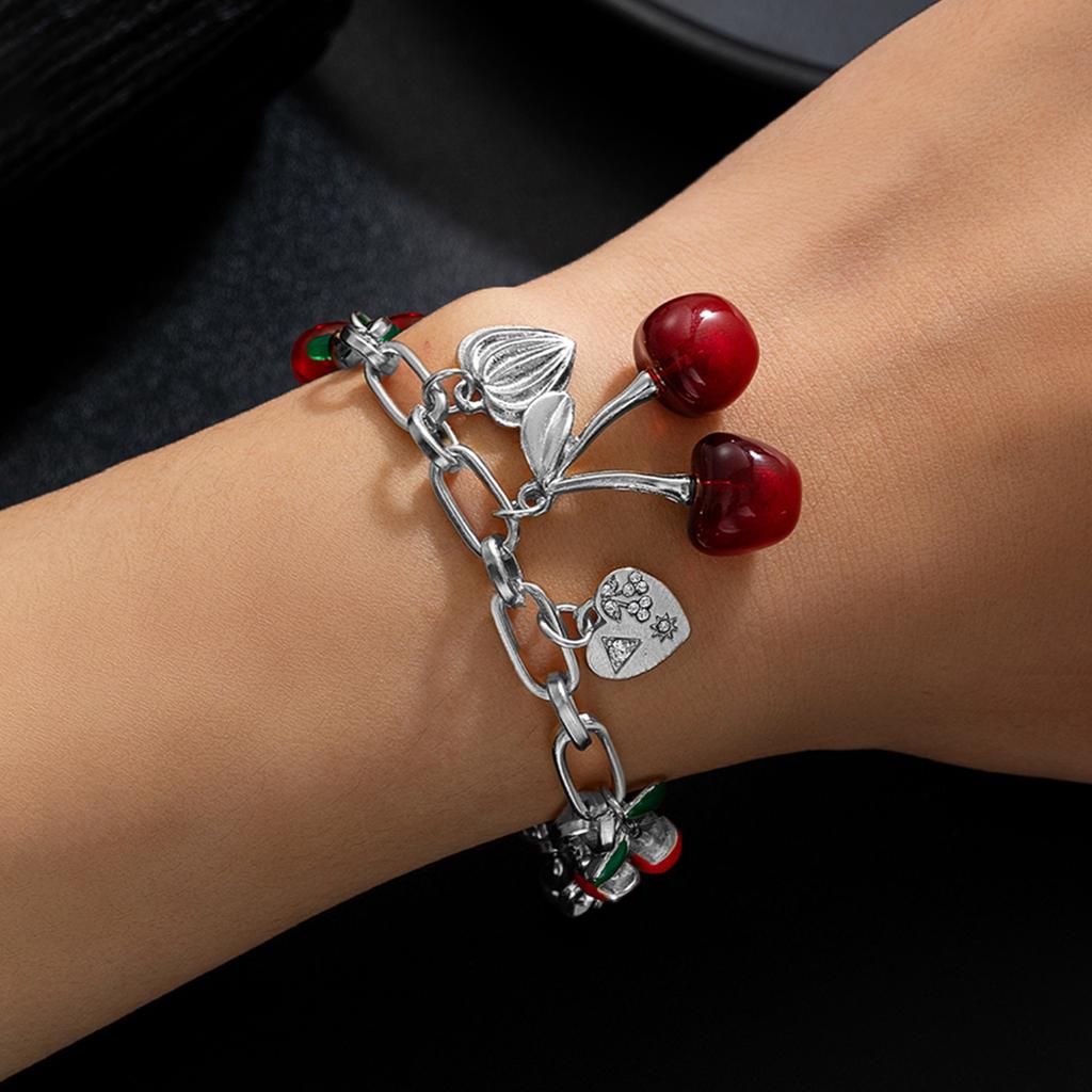 Fashion Personality Wind Cherry Alloy Peach Heart Bow Pendant Adjustable Bracelet Women's Creative Versatile Jewelry
