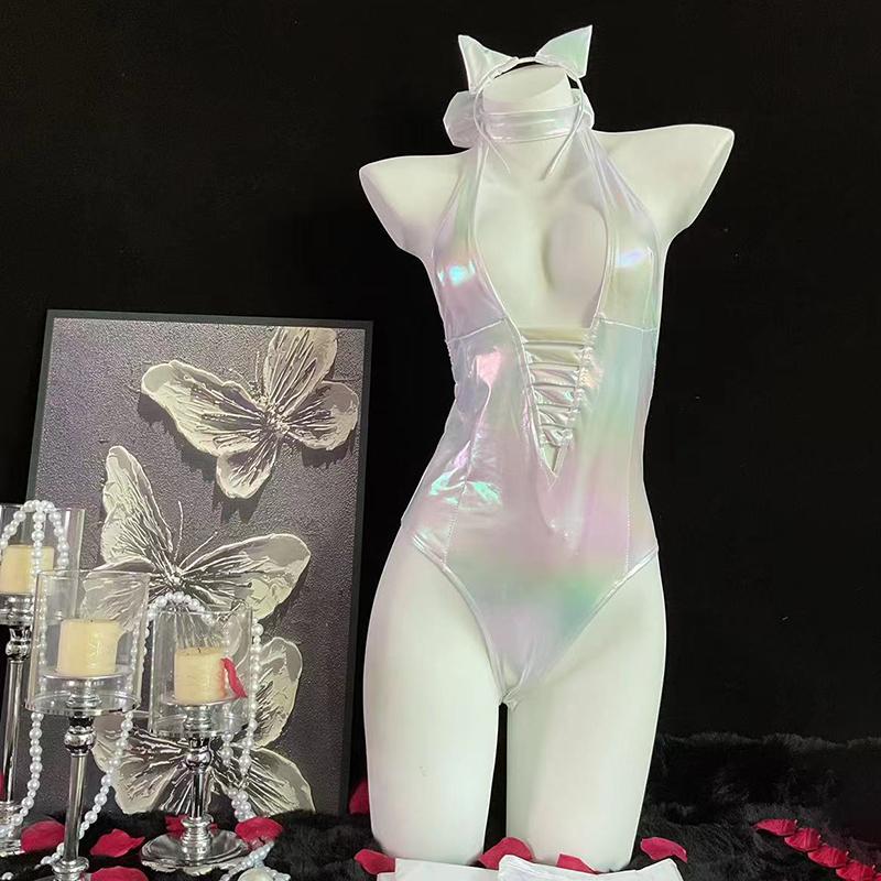 Sexy Open-Crotch Iridescent Catgirl Bodysuit Sexy Halter Neck Open-Back Cosplay Uniform Set