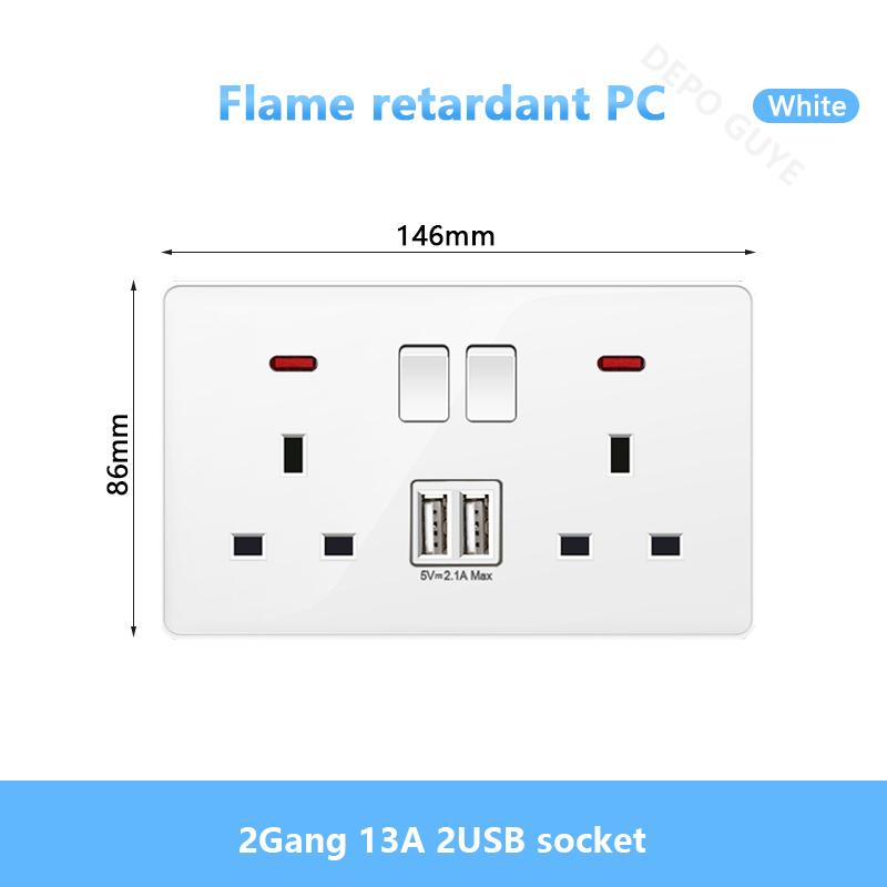 White UK Standard 13A USB Wall Socket Panel,Universal 18W Type-c Quick Charge Socket Plug,Wall Light Switch Electrical outlet