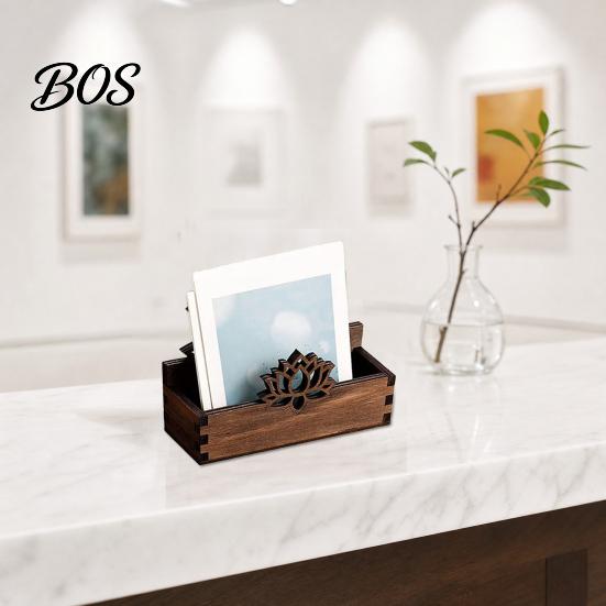 Accessoire de bureau Support pour cartes de visite Lotus en bois, Porte-nom creusé vintage à une main pour bureau, Organiseur rustique Zen