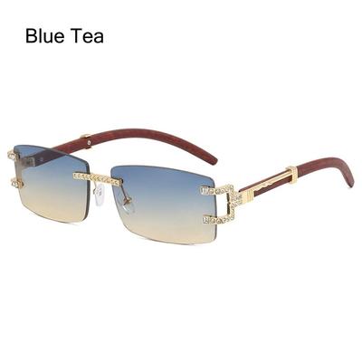 Rechteckige Diamanten Punk Sonnenbrille Vintage Rahmenlose Holz Quadratische Brille Strass Herren Sonnenbrillen für Strand Reise Streetwear