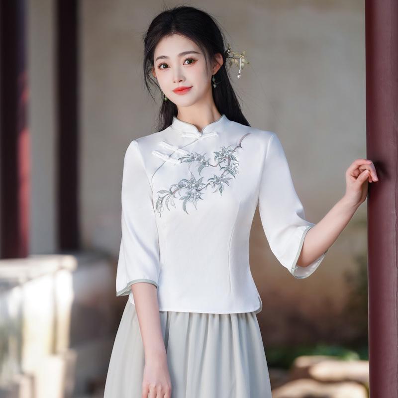 Wiosna/Lato 2025 Retro Chiński Styl Haftowana Bawełna Len Garnitur Tang Qipao Top