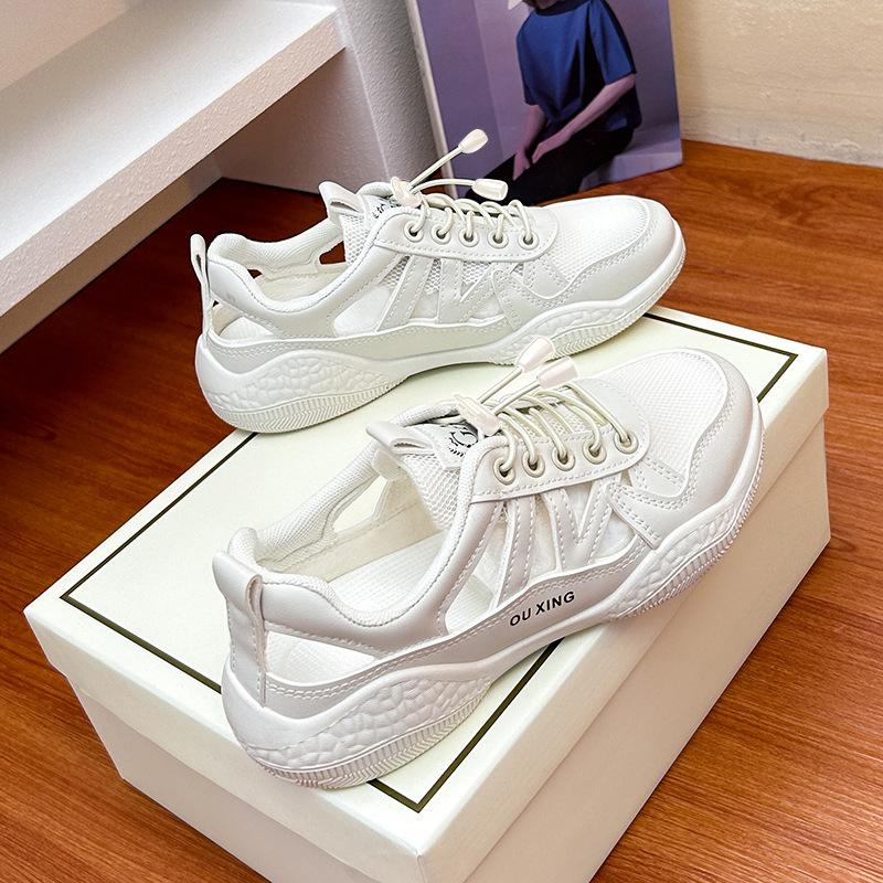 

Жіночі корейські кросівки на платформі 2025 року - дихаючі сіткасті білі туфлі без шнурівки, масивне повсякденне взуття для ходьби 40